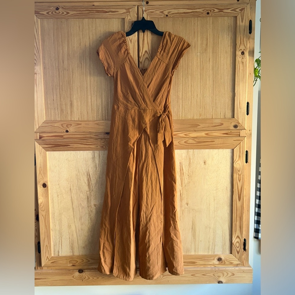 Women’s Her Entire Name Says Grace Wrap Mustard Wide Split Leg Jumpsuits Sz S